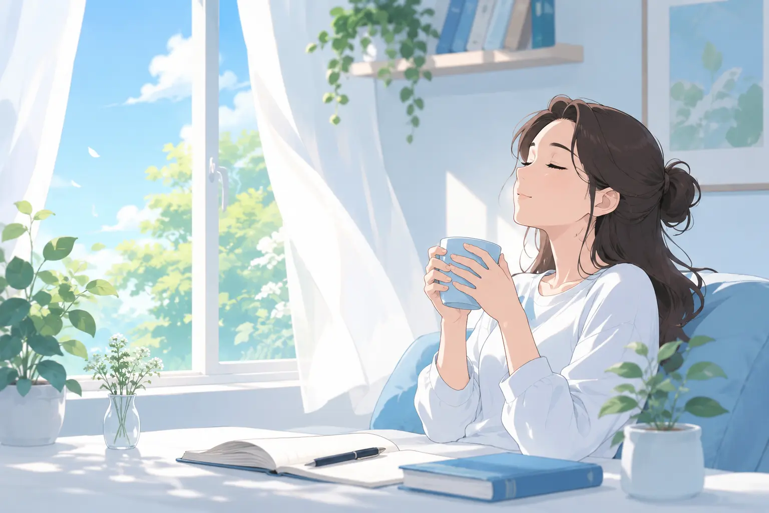 Person sitting calmly in a peaceful environment representing anxiety relief
